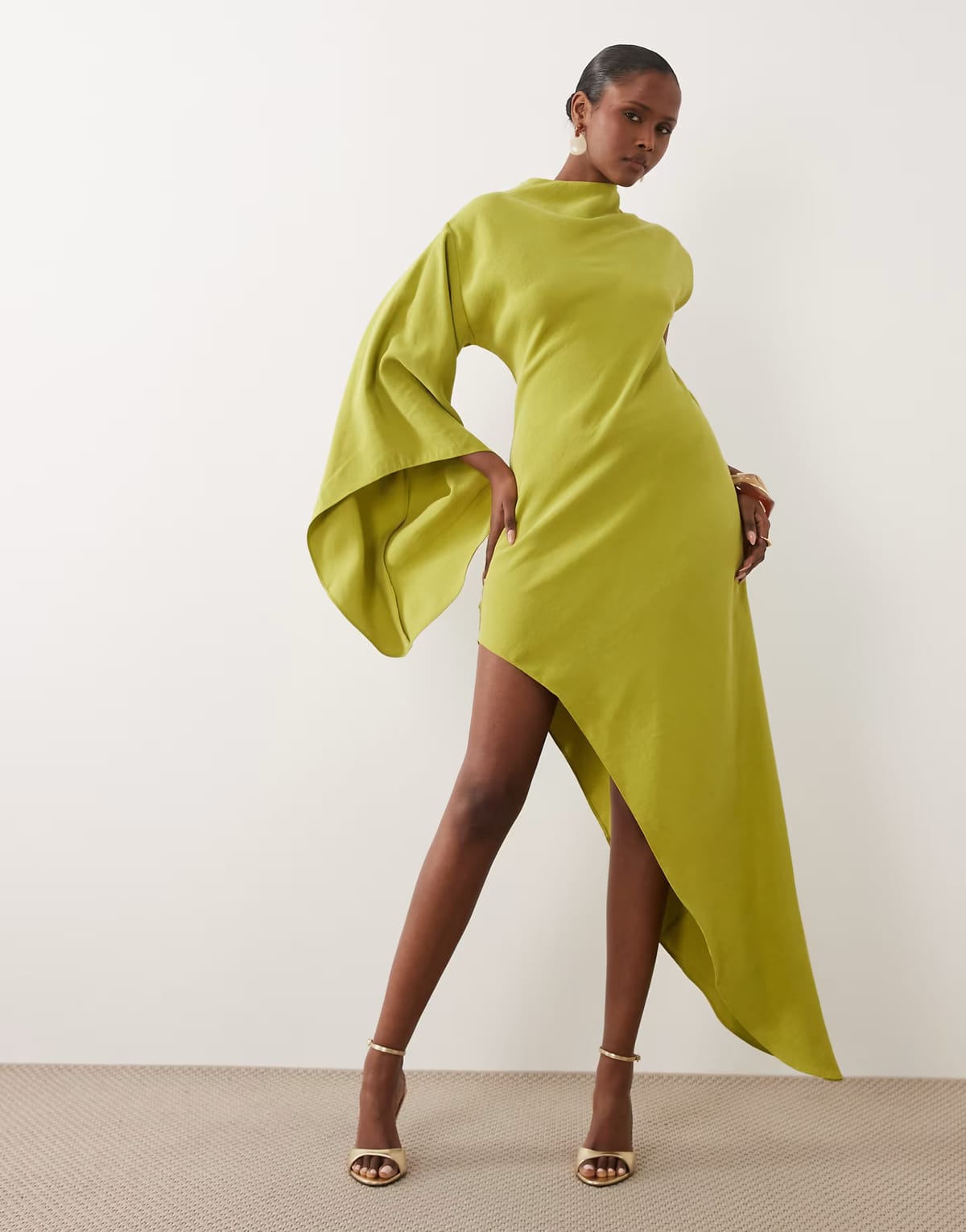 ASOS ASOS DESIGN one sleeve high neck maxi dress with asymmetric hem in Light Green - 1