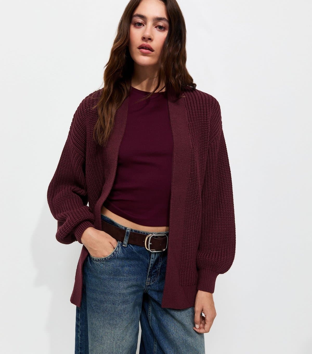 New Look Women's Dark Burgundy Open Front Balloon Sleeve Cardigan New Look