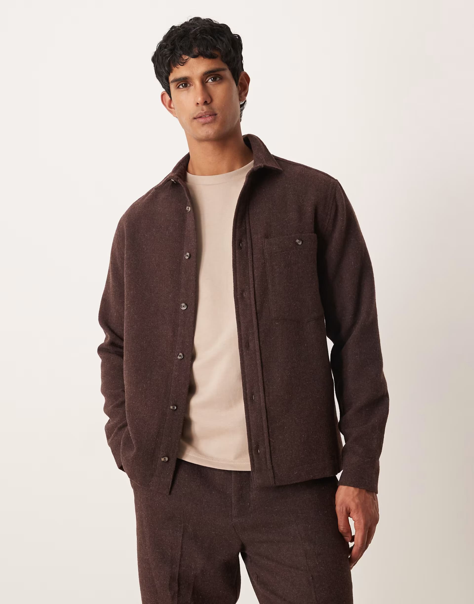 ASOS ASOS DESIGN co-ord overshirt with wool in brown