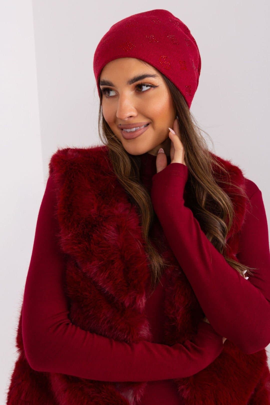 Love Lace Love Lace Women's Warm Winter Cashmere Beanie Hat with Rhinestone Decorative Applique in Red