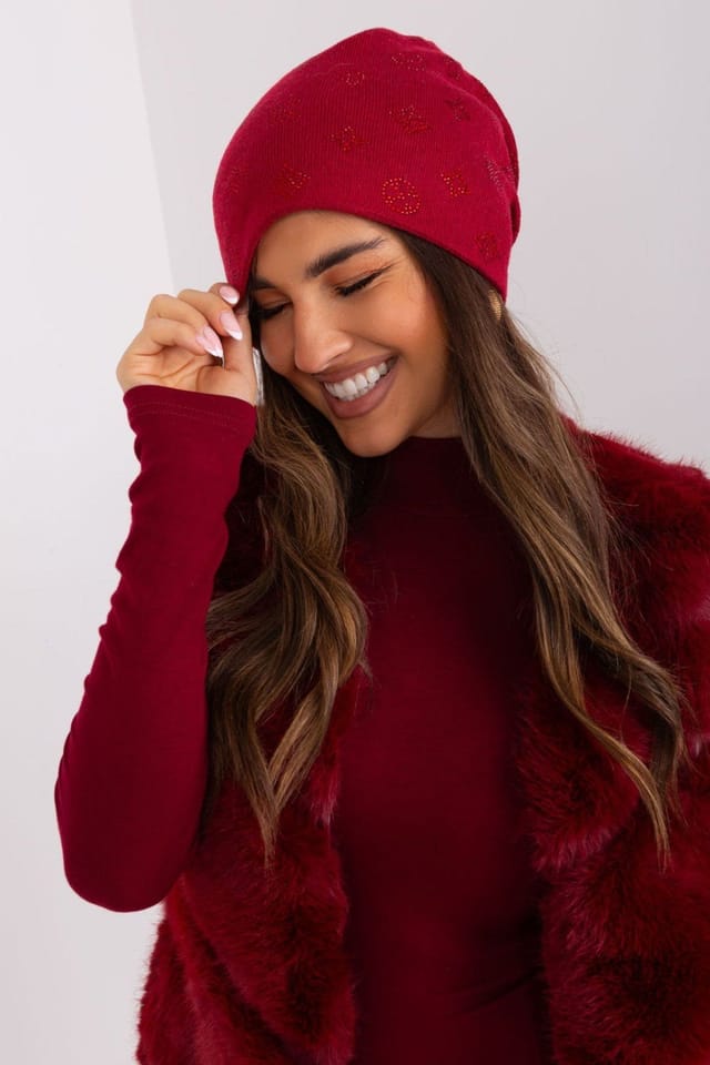 Love Lace Love Lace Women's Warm Winter Cashmere Beanie Hat with Rhinestone Decorative Applique in Red - 2