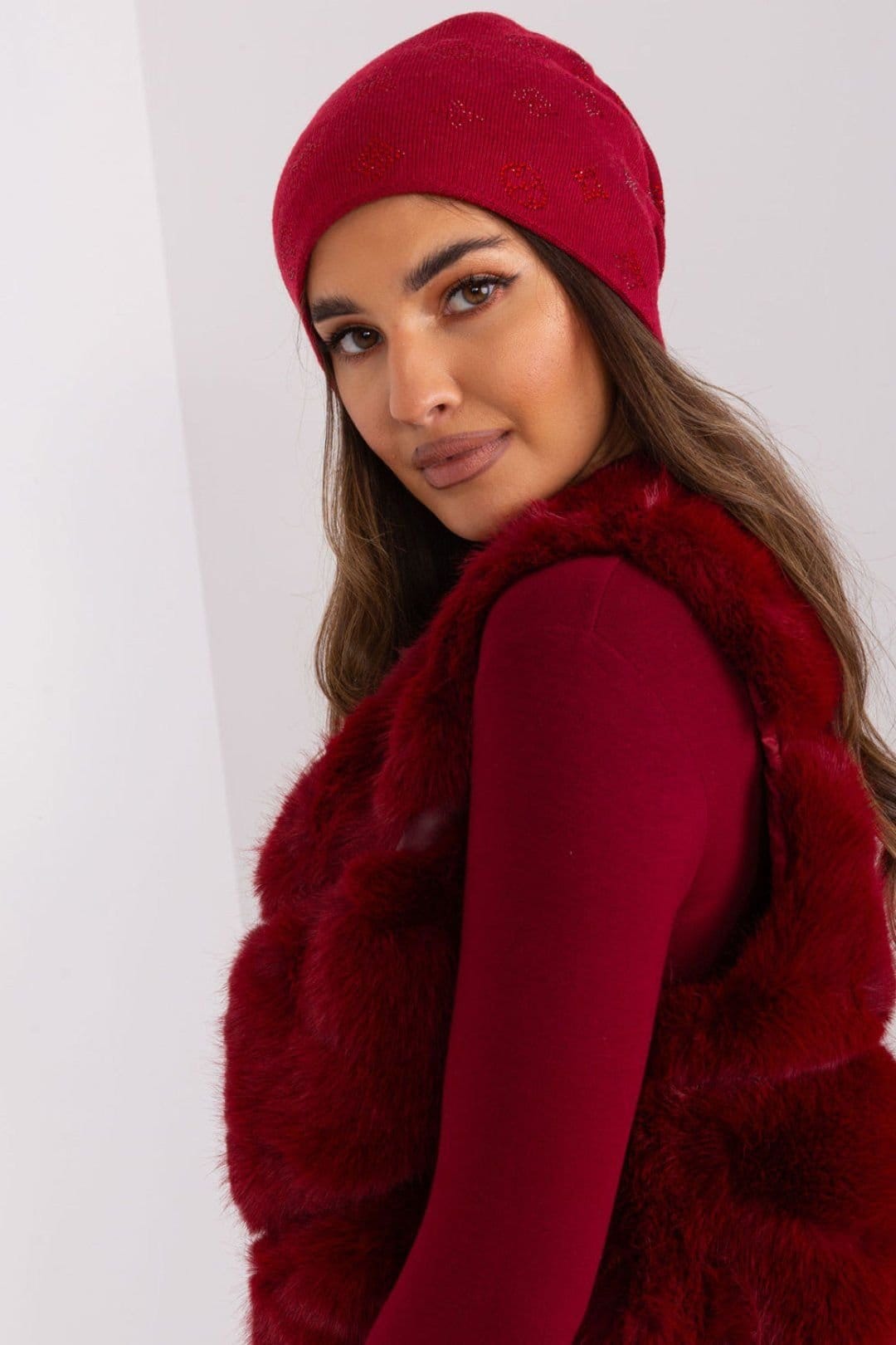 Love Lace Love Lace Women's Warm Winter Cashmere Beanie Hat with Rhinestone Decorative Applique in Red - 4