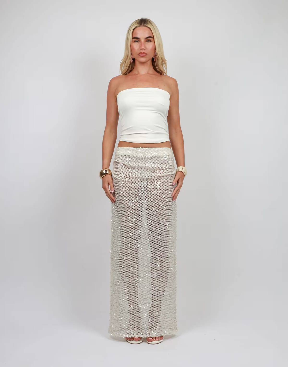 ASOS Simmi London Sequin maxi beach skirt in cream - 1
