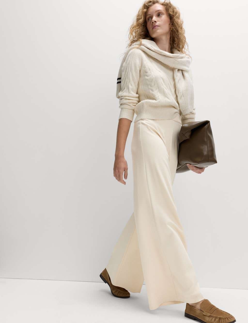 Marks & Spencer M&S Jersey Wide Leg Trousers with Stretch Ecru