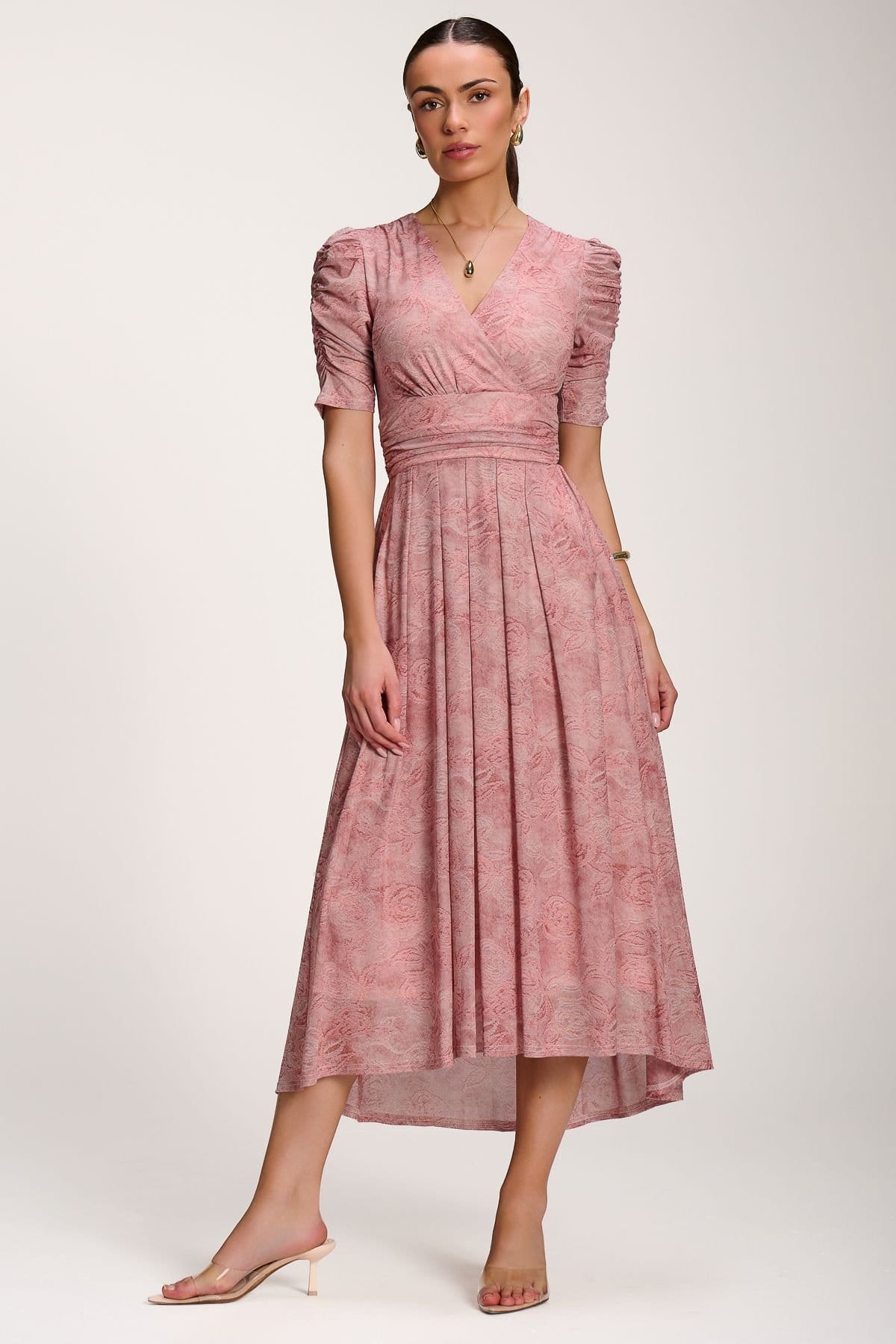 Jolie Moi Pale Pink Printed Mesh Dip Hem Maxi Dress
