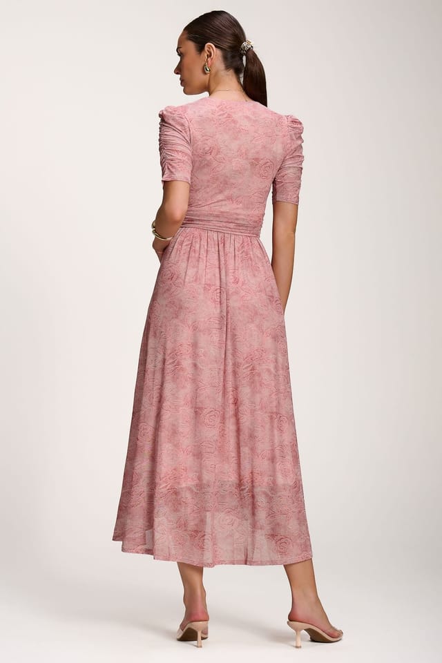Jolie Moi Jolie Moi Women's Printed Mesh Dip Hem Maxi Dress in Pale Pink - 2