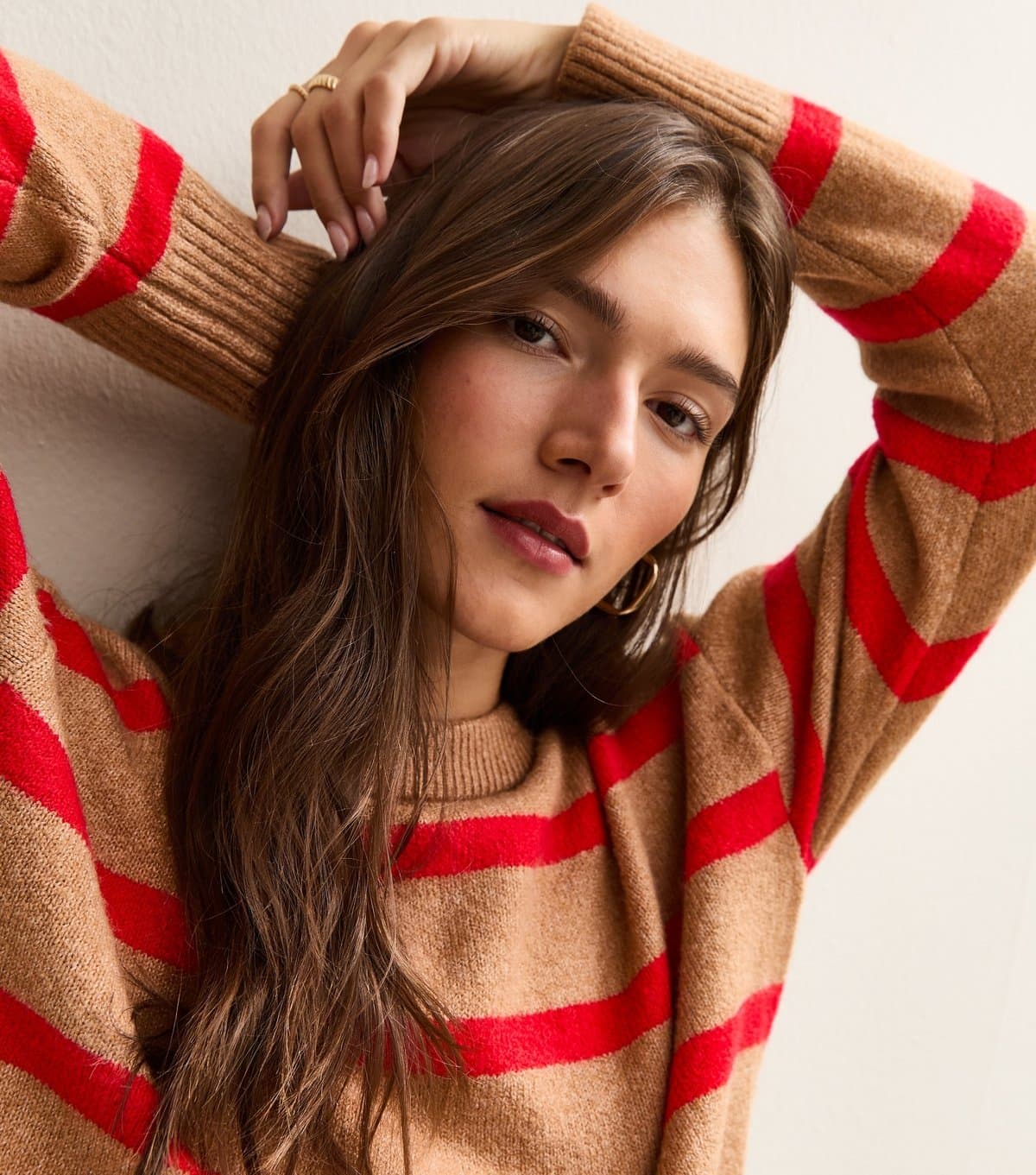 New Look Women's Yellow and Red Striped Crew Neck Jumper New Look