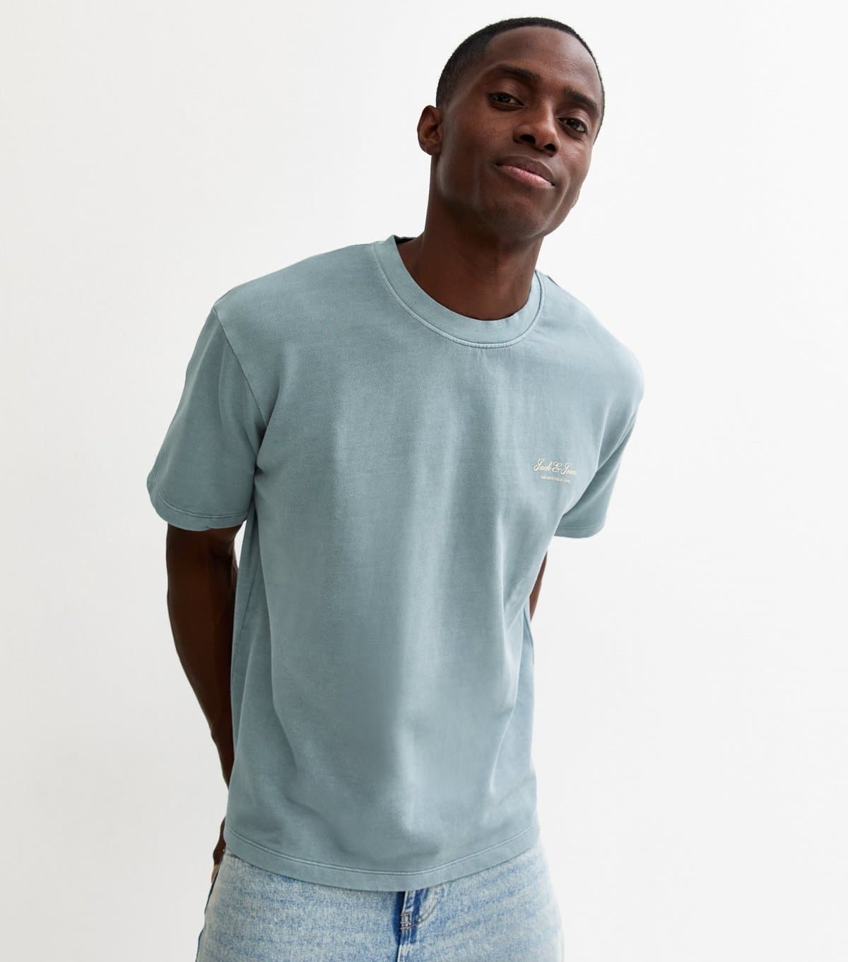 jack & jones Men's Light Blue Sweat Relaxed Washed Logo T-Shirt Jack & Jones New Look