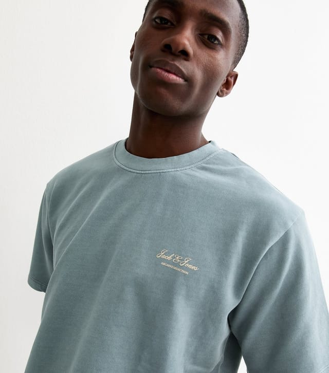 jack & jones Men's Light Blue Sweat Relaxed Washed Logo T-Shirt Jack & Jones New Look - 2