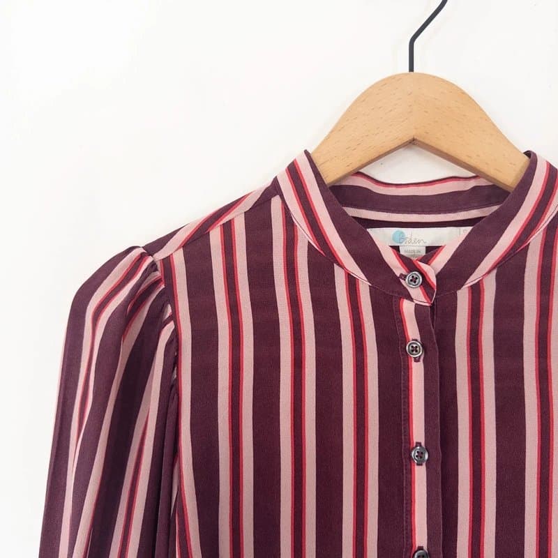 Boden Boden Blouson Sleeve Silk Shirt Size 10 Burgundy Purple Pink Stripe Long Sleeve