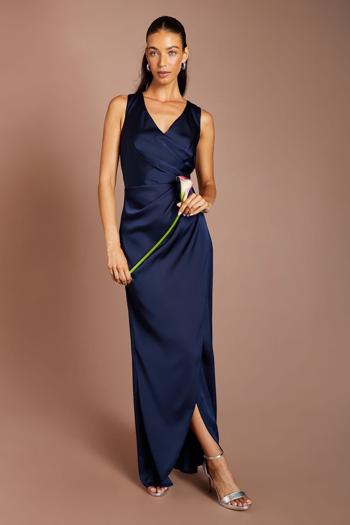 Coast Coast Women's Honoured Ruched Waist Detail Satin Bridesmaid Dress in Navy