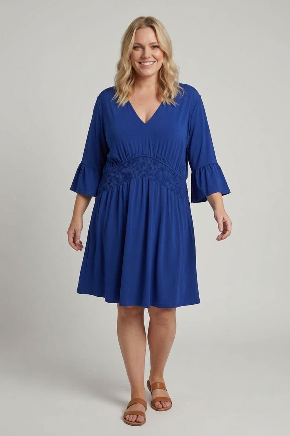 Izabel London Izabel London Women's Curve Shirred 3/4 Sleeve Midi Dress in Blue