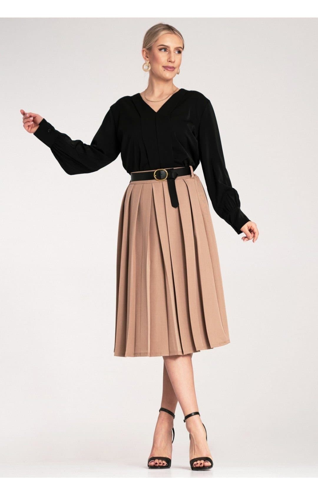 Love Lace Love Lace Women's Elegant Pleated High Waist Midi Skirt Belt in Beige