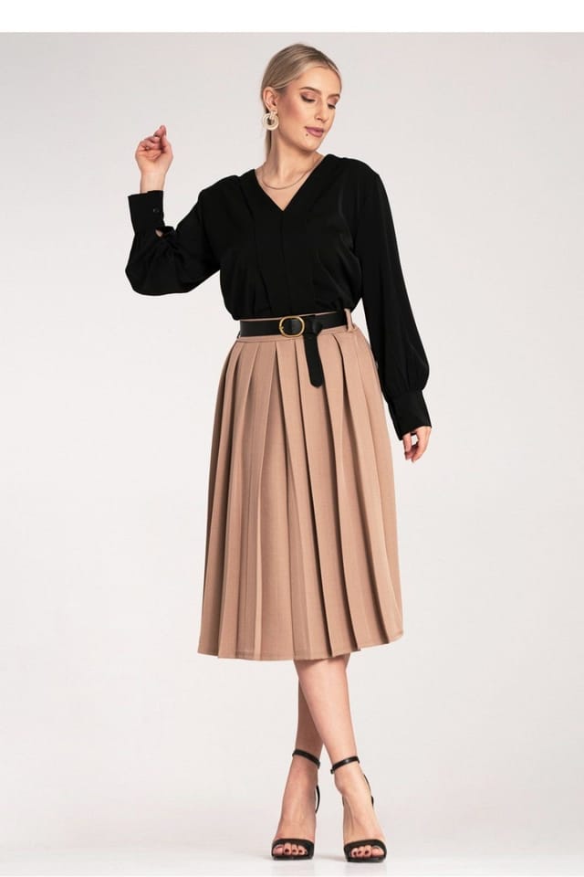 Love Lace Love Lace Women's Elegant Pleated High Waist Midi Skirt Belt in Beige - 2