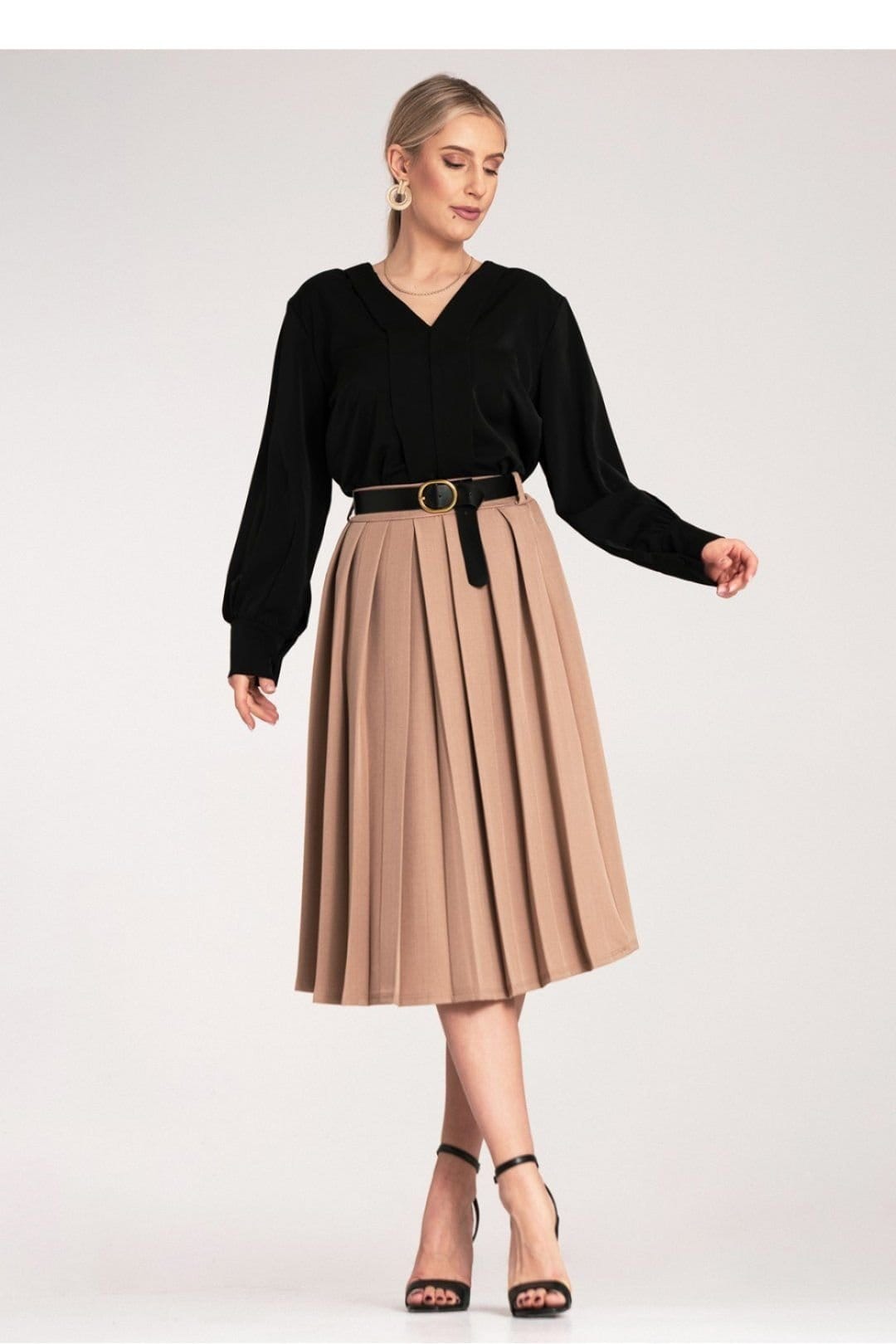 Love Lace Love Lace Women's Elegant Pleated High Waist Midi Skirt Belt in Beige - 4
