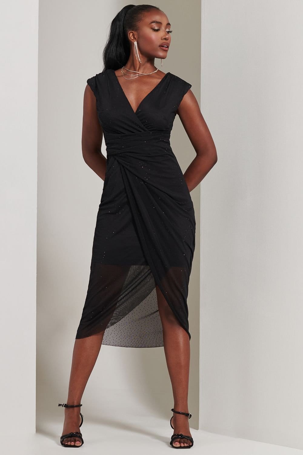 Jolie Moi Jolie Moi Women's Embellished Ruched Mesh Midi Dress in Black - 4