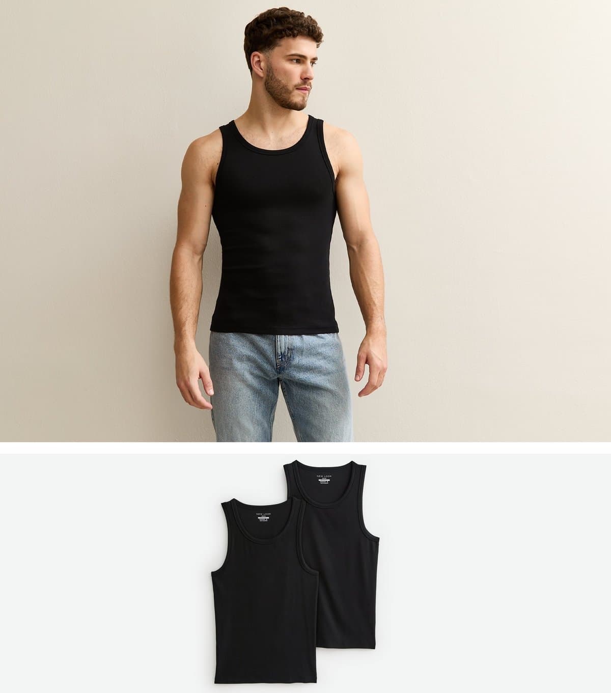 New Look New Look Black Muscle Fit Ribbed Vest Tops Pack of 2