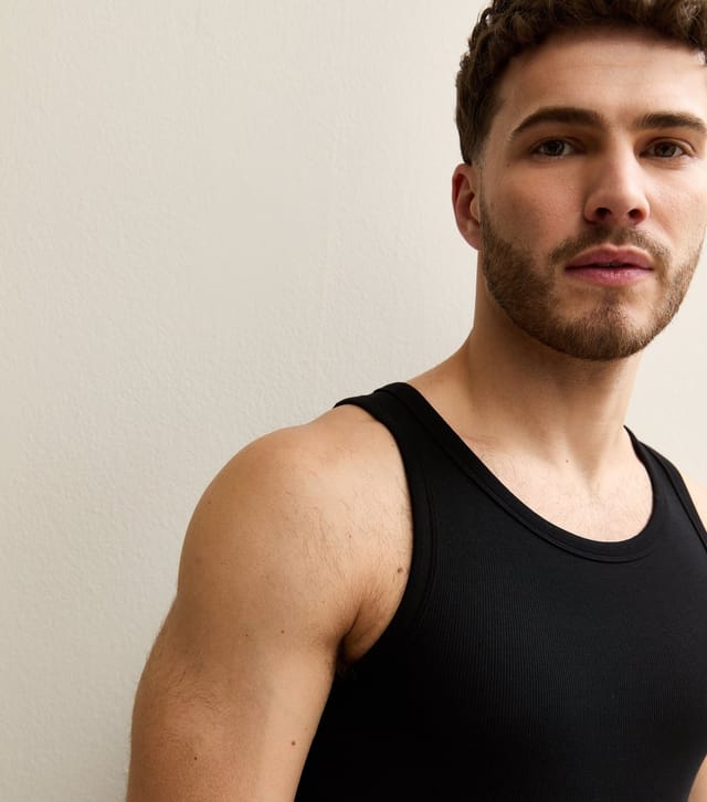 New Look Men's Pack of 2 Black Muscle Fit Ribbed Vest Tops New Look - 2