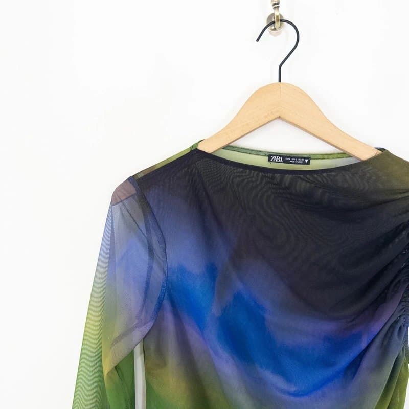 Zara Zara One Shoulder Mesh Top Size L 12 Green Blue Tie Dye Print