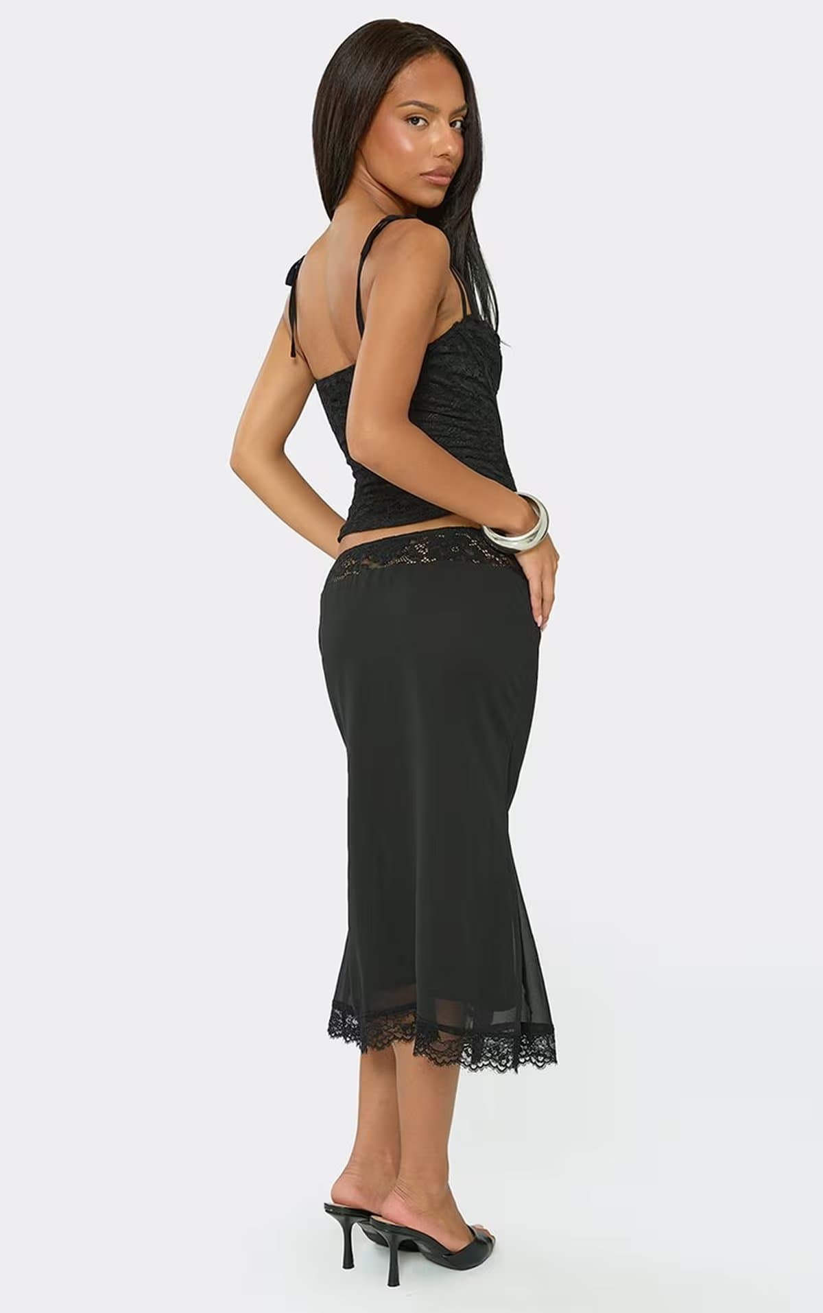 EGO Low Rise Lace Trim Detail Midi Skirt In Black Chiffon, Women's Size UK 6