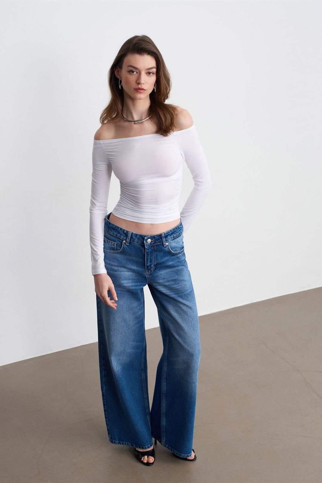 Dilvin Dilvin Women's Low-Waist Wide-Leg Cotton Denim Jeans in Mid Blue