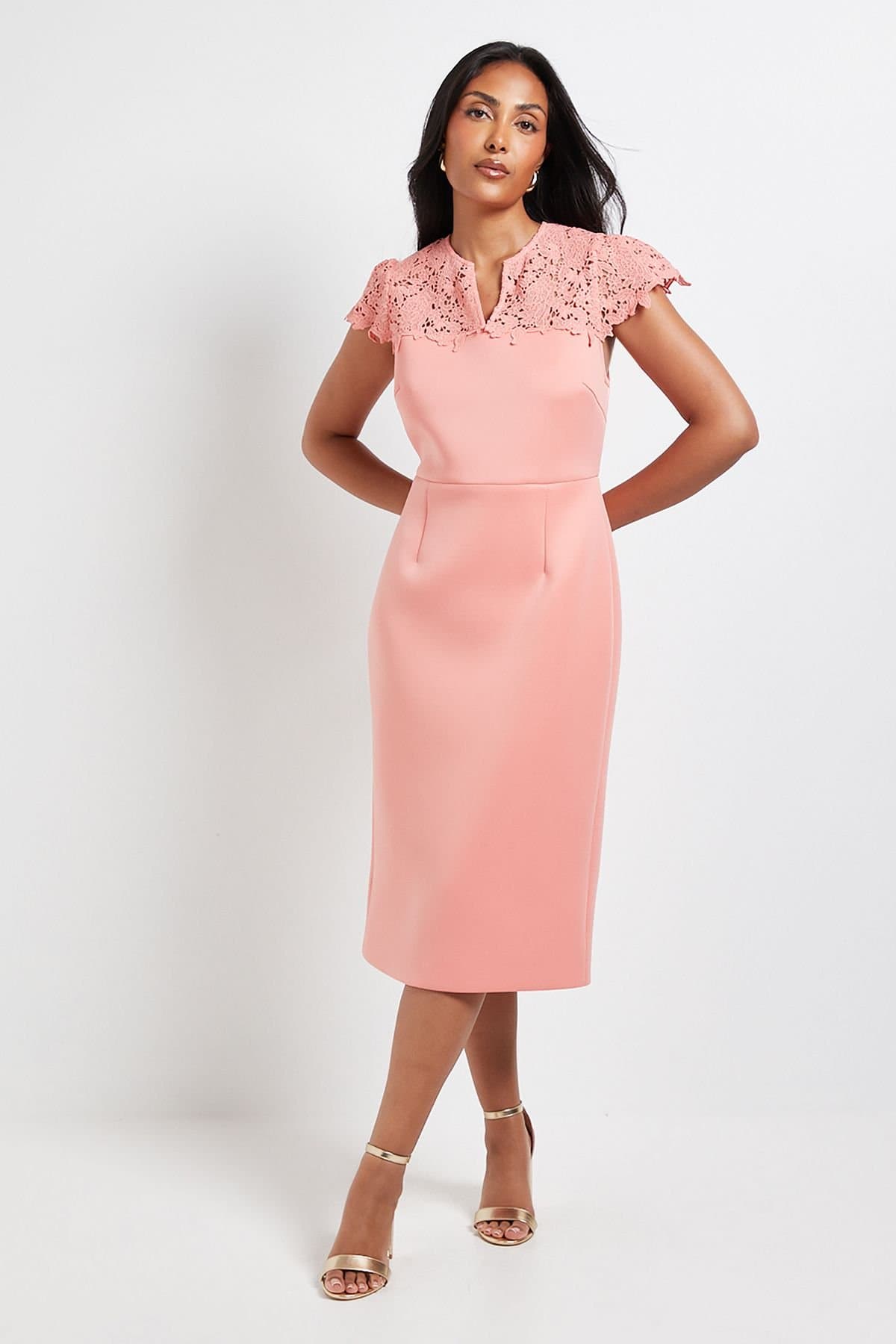 Wallis Wallis Women's Petite Scuba Lace Sleeve Pencil Dress in Coral