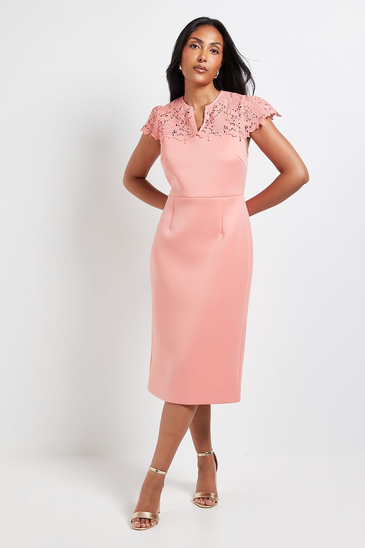 Wallis Coral Scuba Lace Sleeve Pencil Dress
