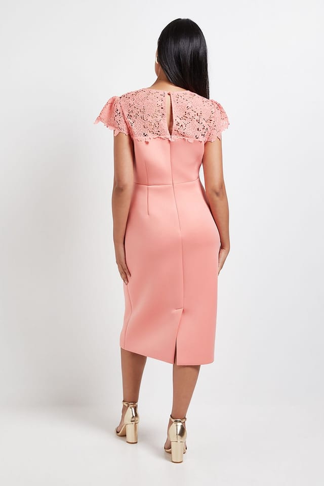 Wallis Wallis Women's Petite Scuba Lace Sleeve Pencil Dress in Coral - 3
