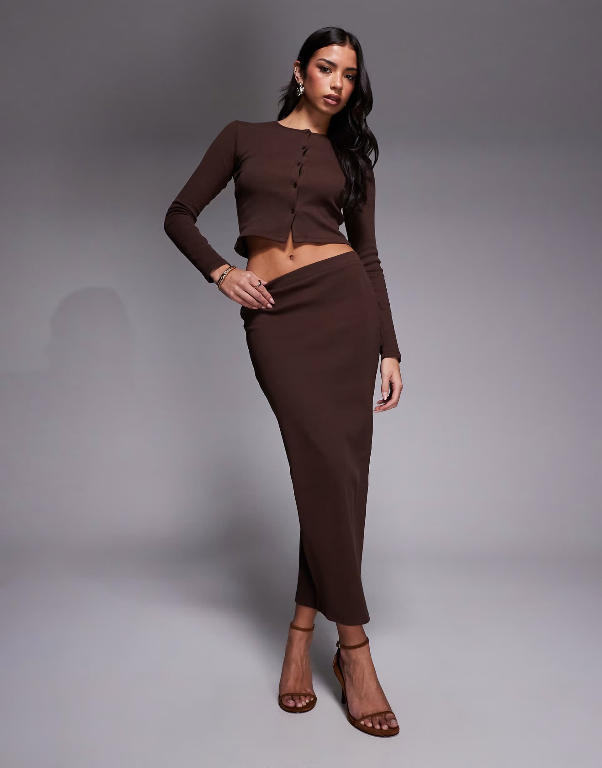 ASOS The Frolic exclusive ribbed mid waist maxi column skirt co-ord in chocolate