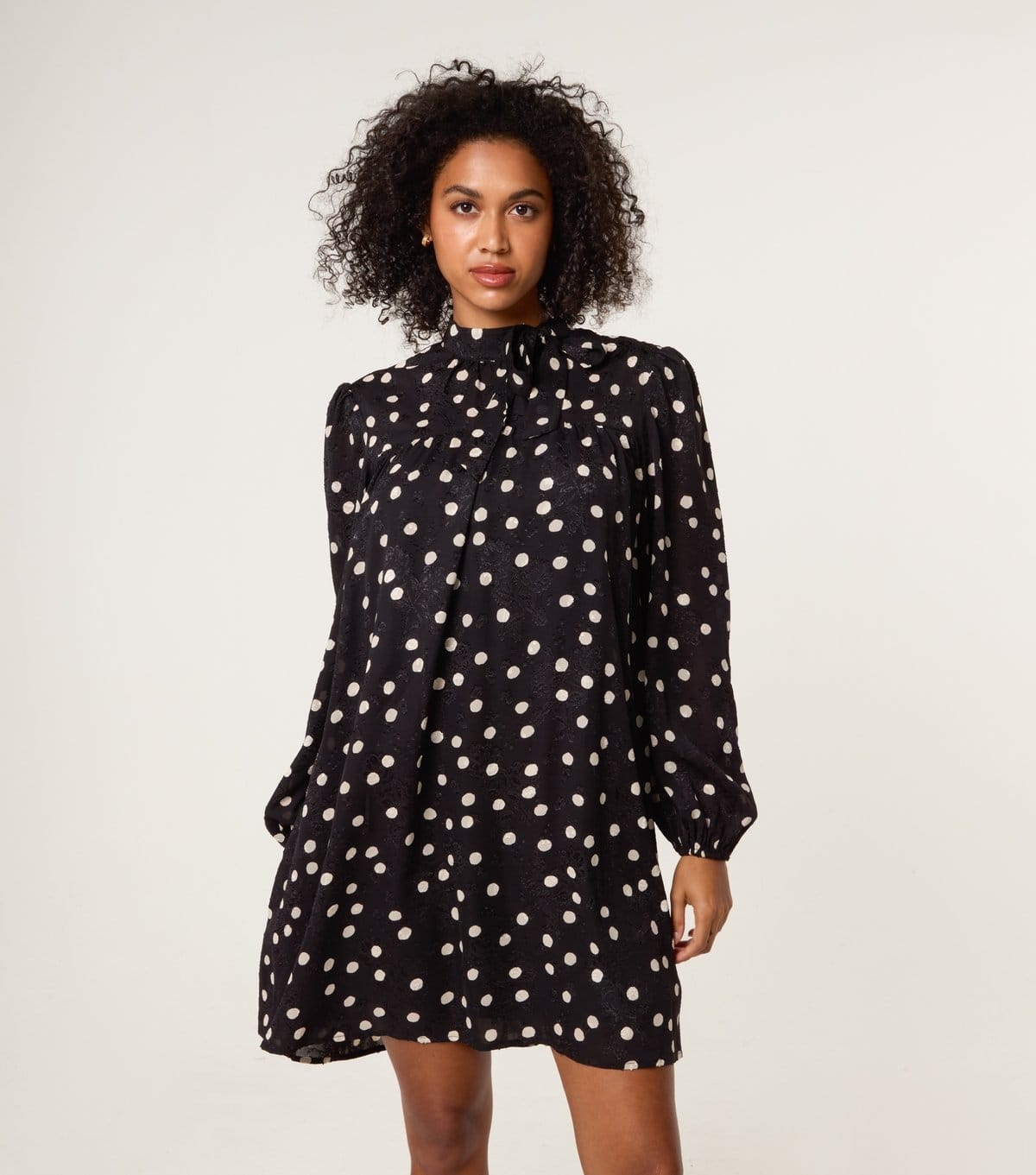 Blue Vanilla Black Polka Dot Tie Neck Mini Dress