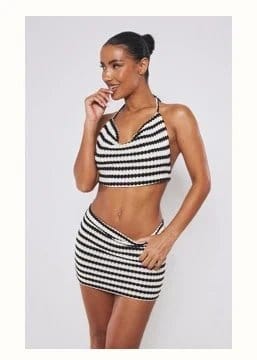 PLT Black & White Striped Bandeau Crop Top & Mini Skirt Set