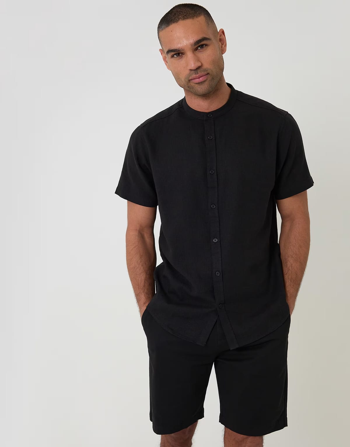 ASOS Threadbare Grandad collar linen blend short sleeve shirt in black - 1