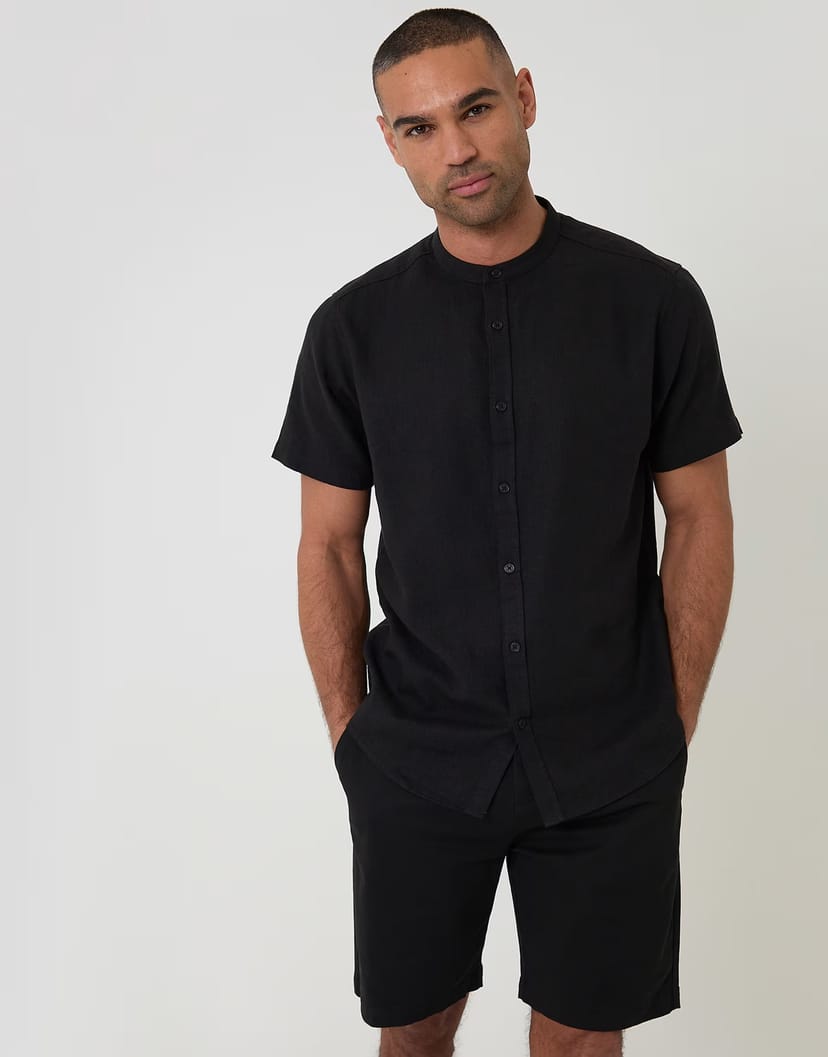 ASOS Threadbare Grandad collar linen blend short sleeve shirt in black - 1