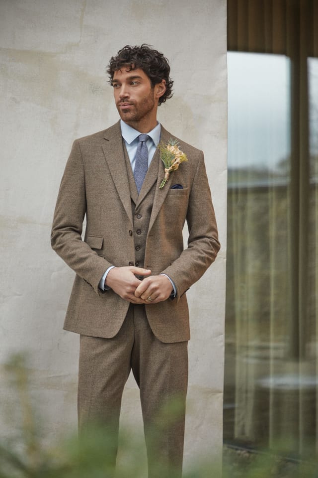Burton Burton Men's Light Brown Tweed Look Waistcoat in Neutral - 2