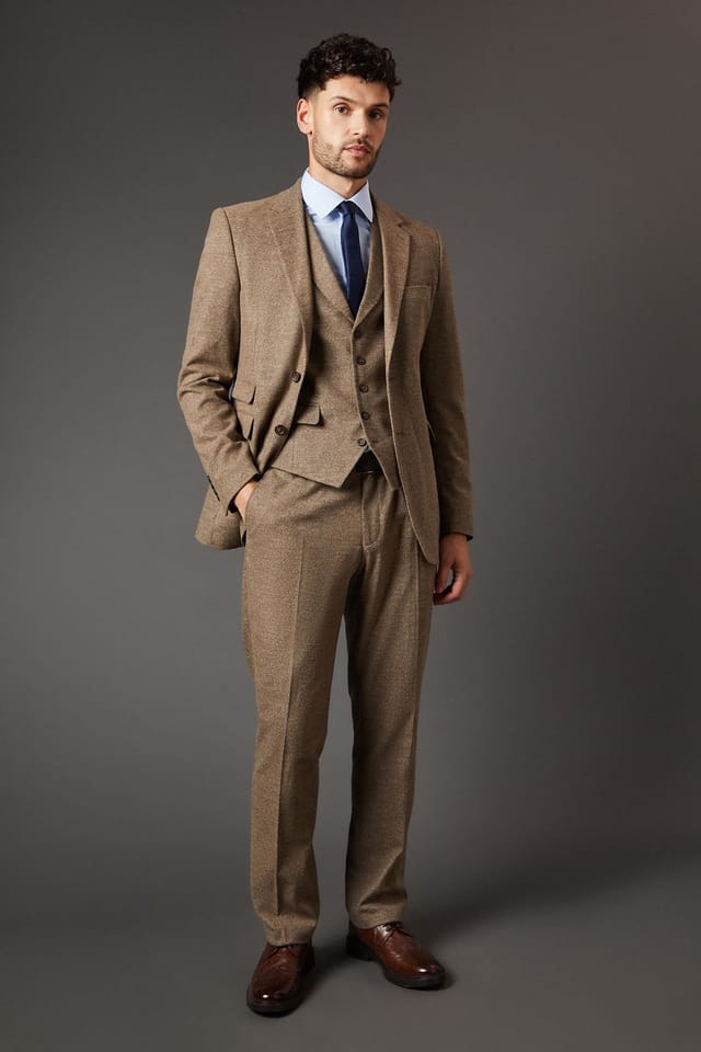 Burton Burton Men's Light Brown Tweed Look Waistcoat in Neutral - 3