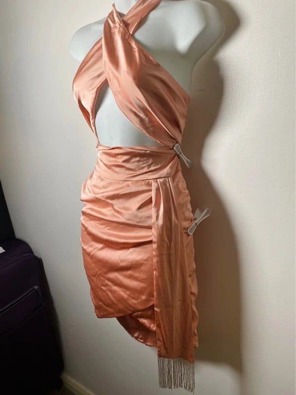 Oh Polly Blush Pink Satin Halterneck Wrap Dress