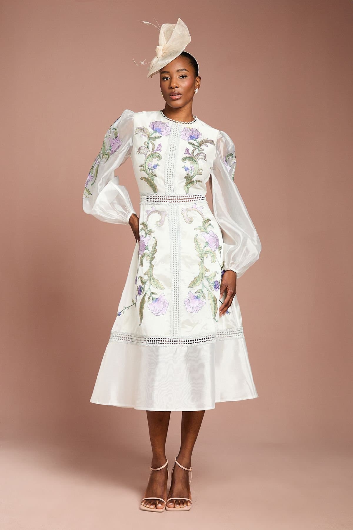 Coast Coast Women's Blouson Sleeve Embroidered Midi Dress in Light Blue