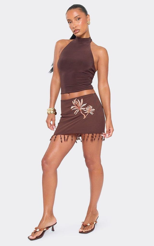 EGO Beaded Tassel Hem Embroidered Detail Mini Skirt In Brown, Women's Size UK 6 - 2