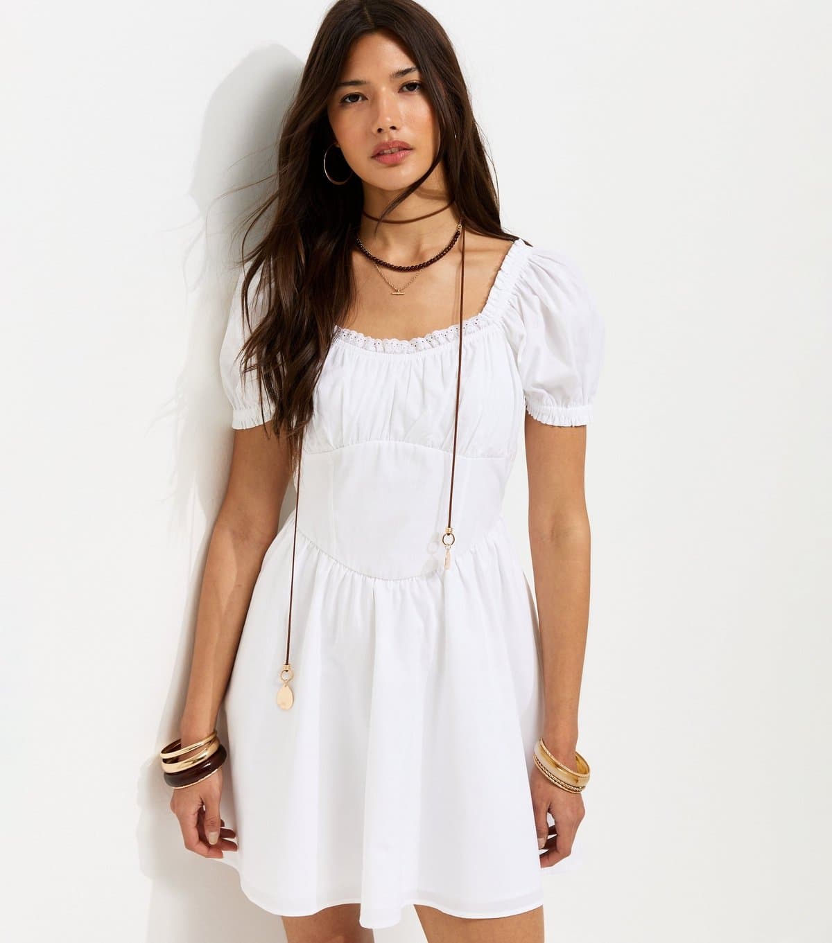 New Look Women's White Cotton Lace Trim Corset Waist Milkmaid Mini Dress New Look