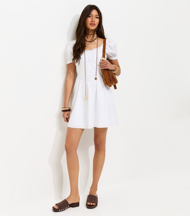 New Look Women's White Cotton Lace Trim Corset Waist Milkmaid Mini Dress New Look - 2