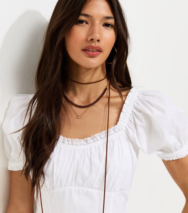 New Look Women's White Cotton Lace Trim Corset Waist Milkmaid Mini Dress New Look - 3