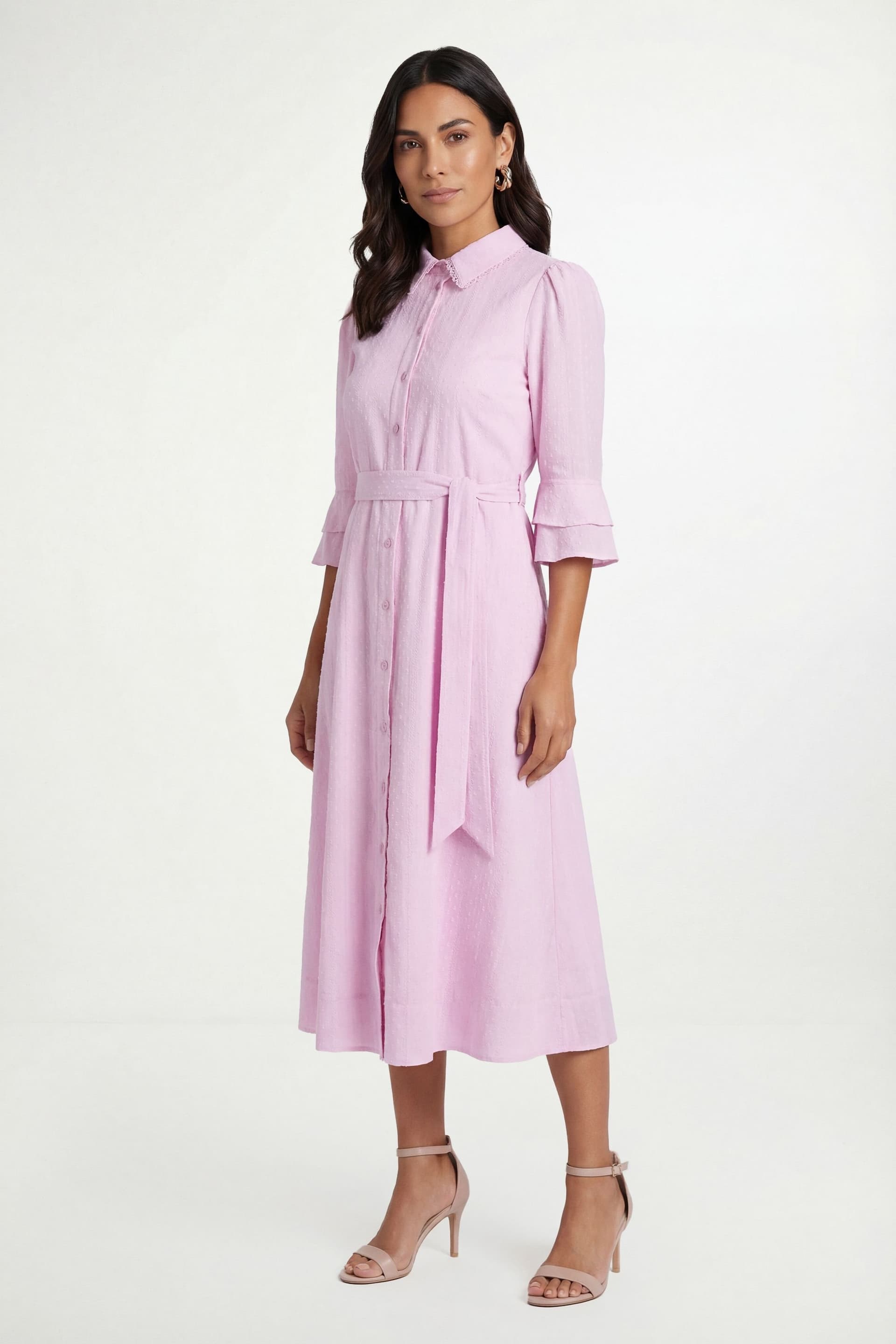 Wallis Wallis Women's Petite Cotton Dobby Ruffle Shirt Dress in Pink