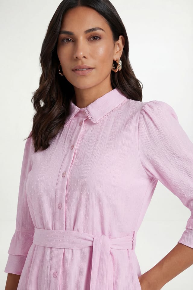 Wallis Wallis Women's Petite Cotton Dobby Ruffle Shirt Dress in Pink - 2