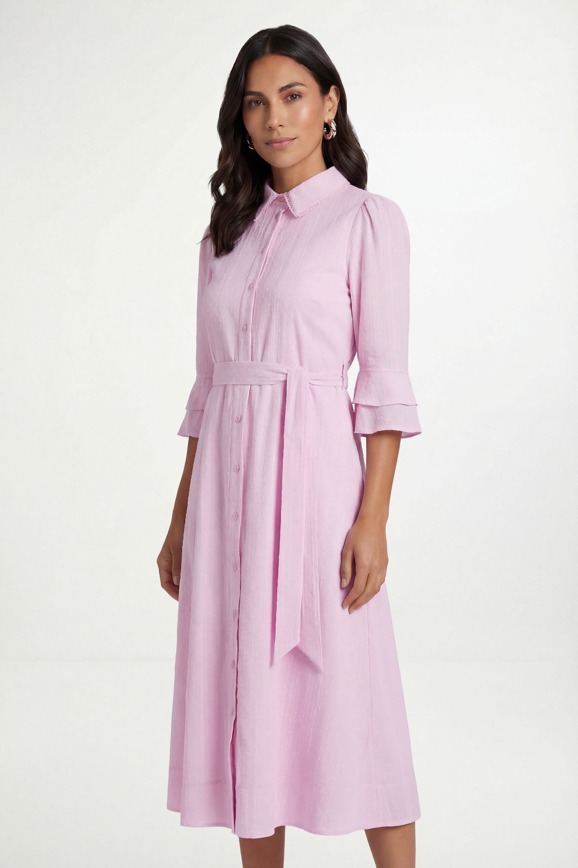 Wallis Wallis Women's Petite Cotton Dobby Ruffle Shirt Dress in Pink - 4
