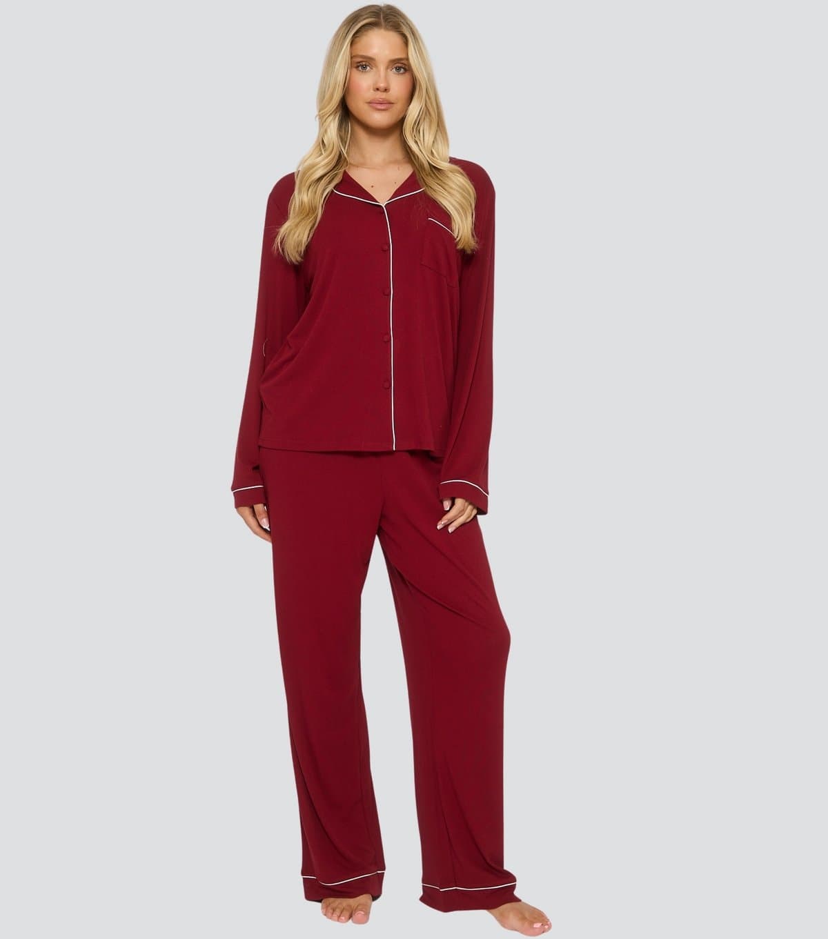 Loungeable Women's Dark Red Contrast Piping Shirt and Trousers Pyjama Set Loungeable New Look