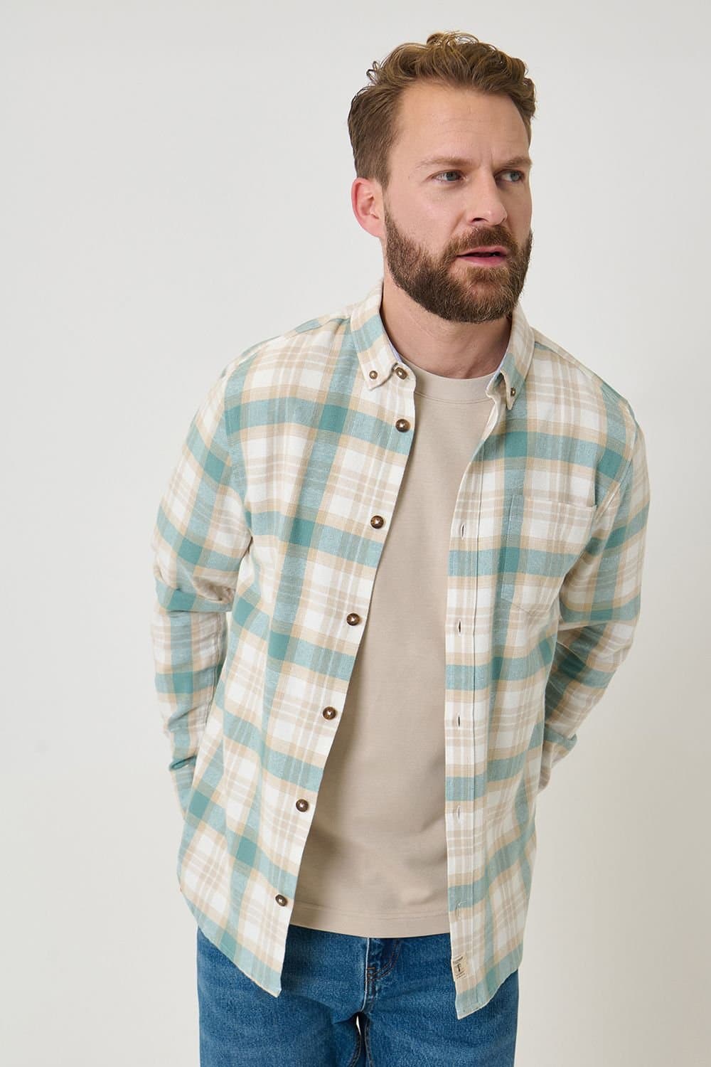 Saltwell Saltwell Men's Brushed Cotton Checked Flannel Shirt in Pale Green