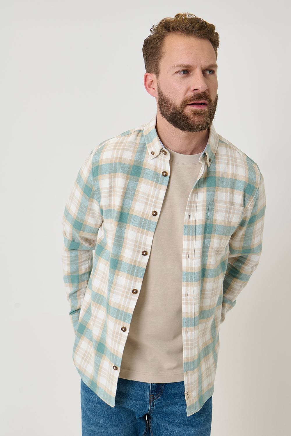 Saltwell Saltwell Men's Brushed Cotton Checked Flannel Shirt in Pale Green - 2