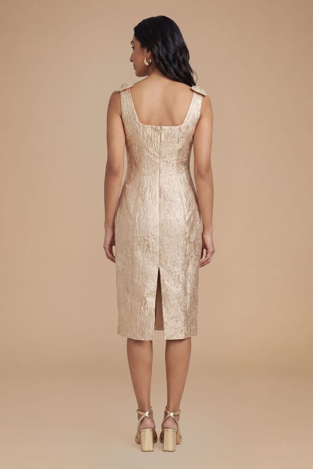 Dorothy Perkins Dorothy Perkins Women's Petite DP Luxe Bow Shoulder Jacquard Midi Dress in Champagne - 3