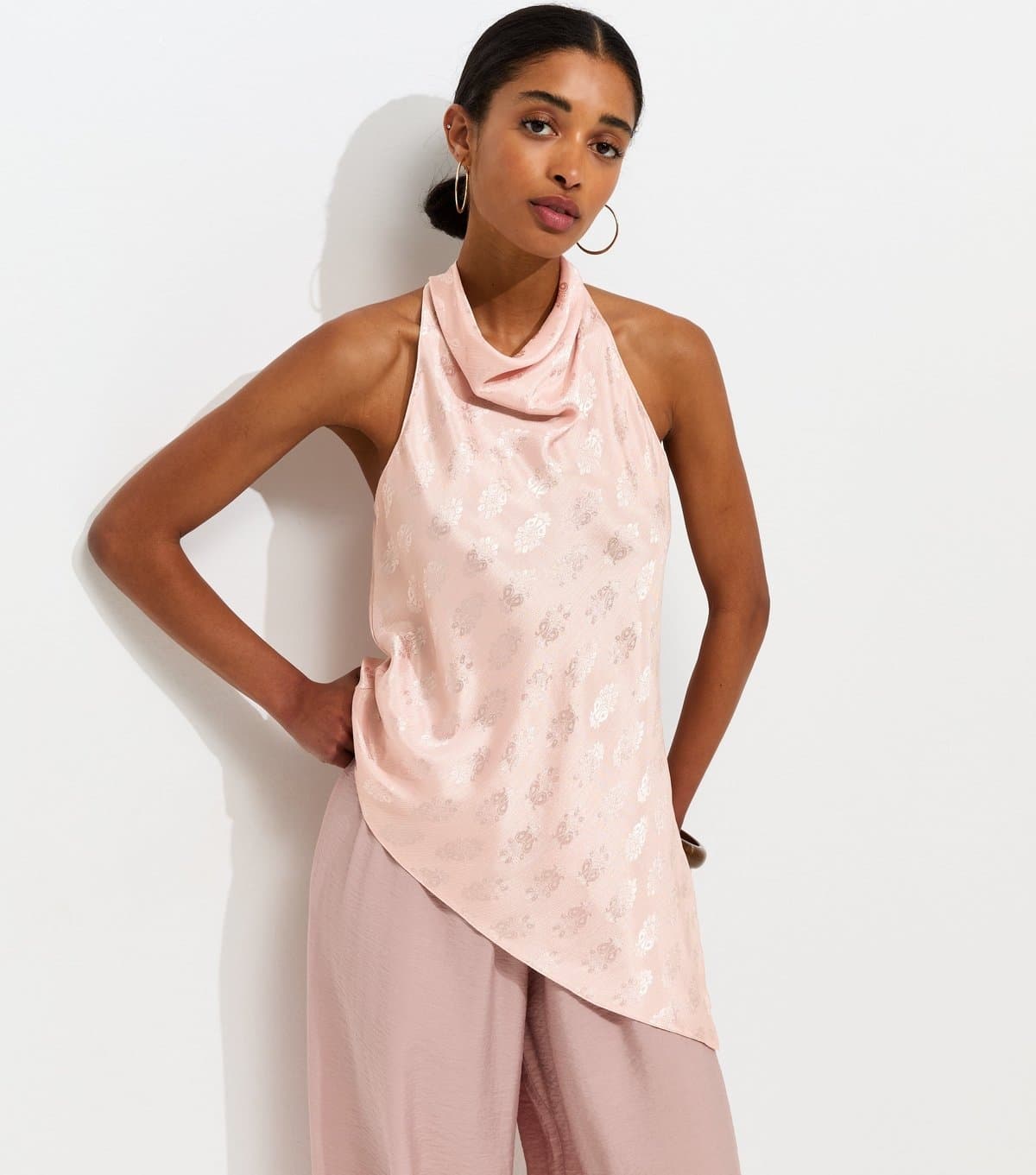 New Look Women's Light Pink Satin Jacquard Cowl Neck Asymmetric Top New Look