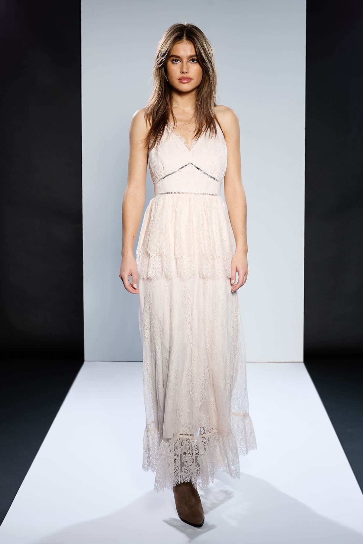 RUNWAY 1.8.1.8 RUNWAY 1.8.1.8 Women's Strappy Lace Peplum Maxi Dress in Blush